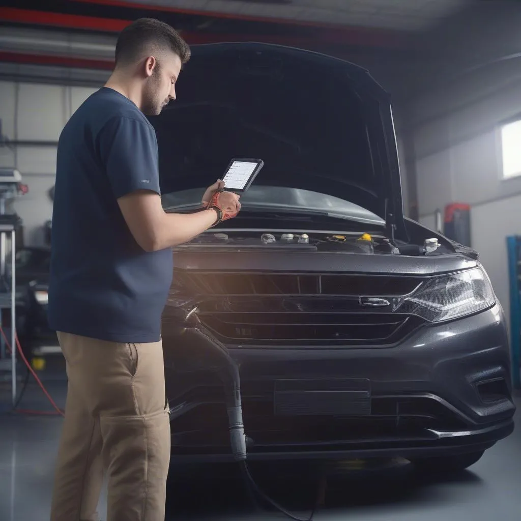 Mechanic using a bi-directional ABS scan tool to diagnose a car's braking system