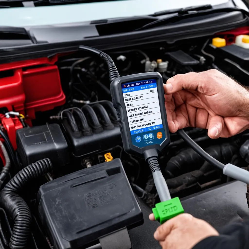 Mechanic using a bidirectional OBD2 scanner to diagnose a car engine.