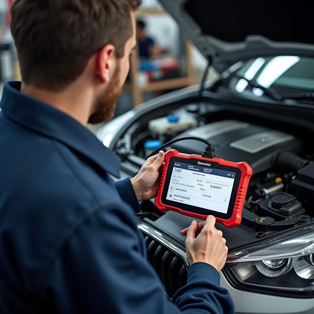 Mechanic using a bidirectional scan tool to diagnose a car engine