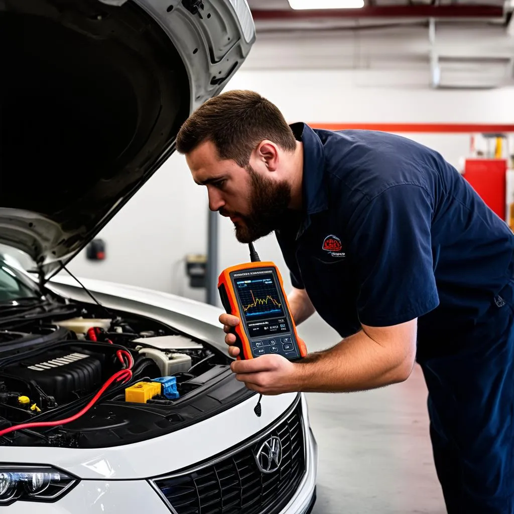 Mechanic using a bidirectional scan tool for car diagnostics