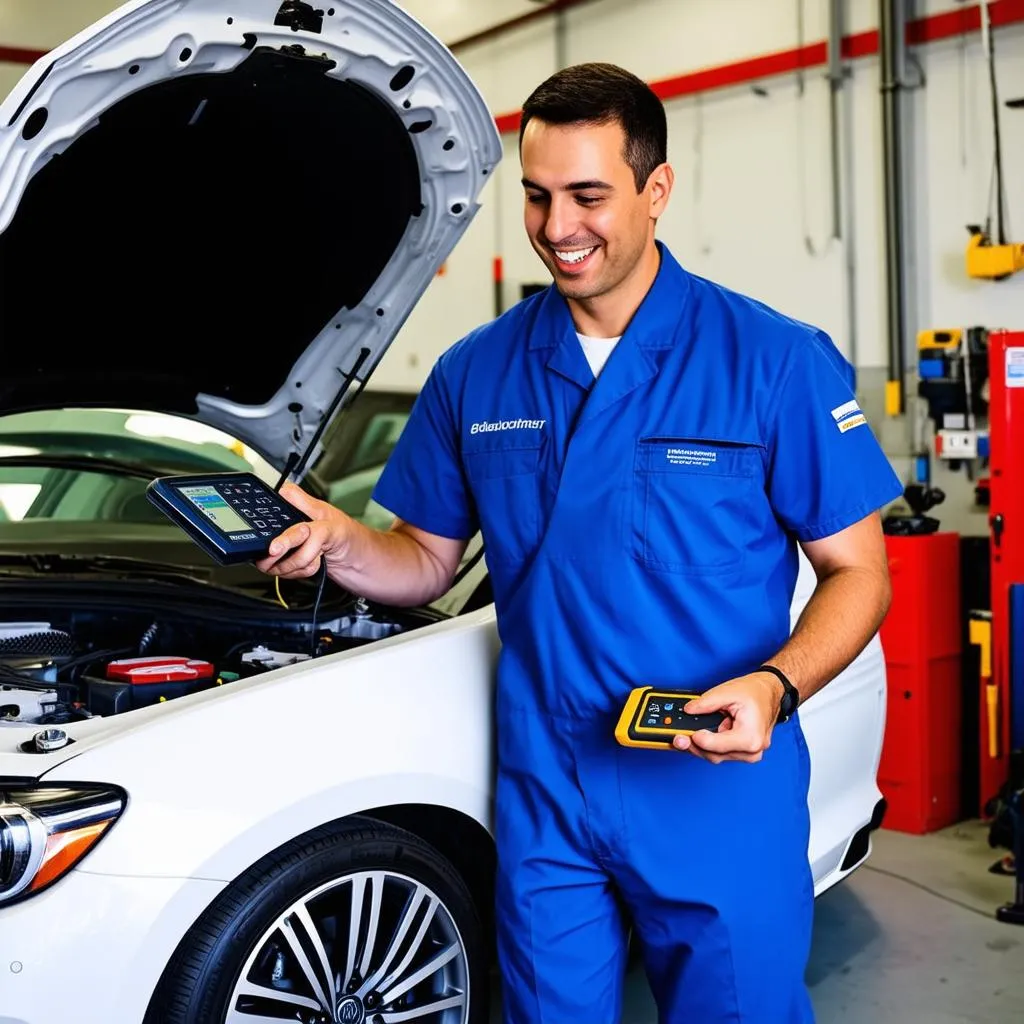 Mechanic using a bidirectional scan tool on a car