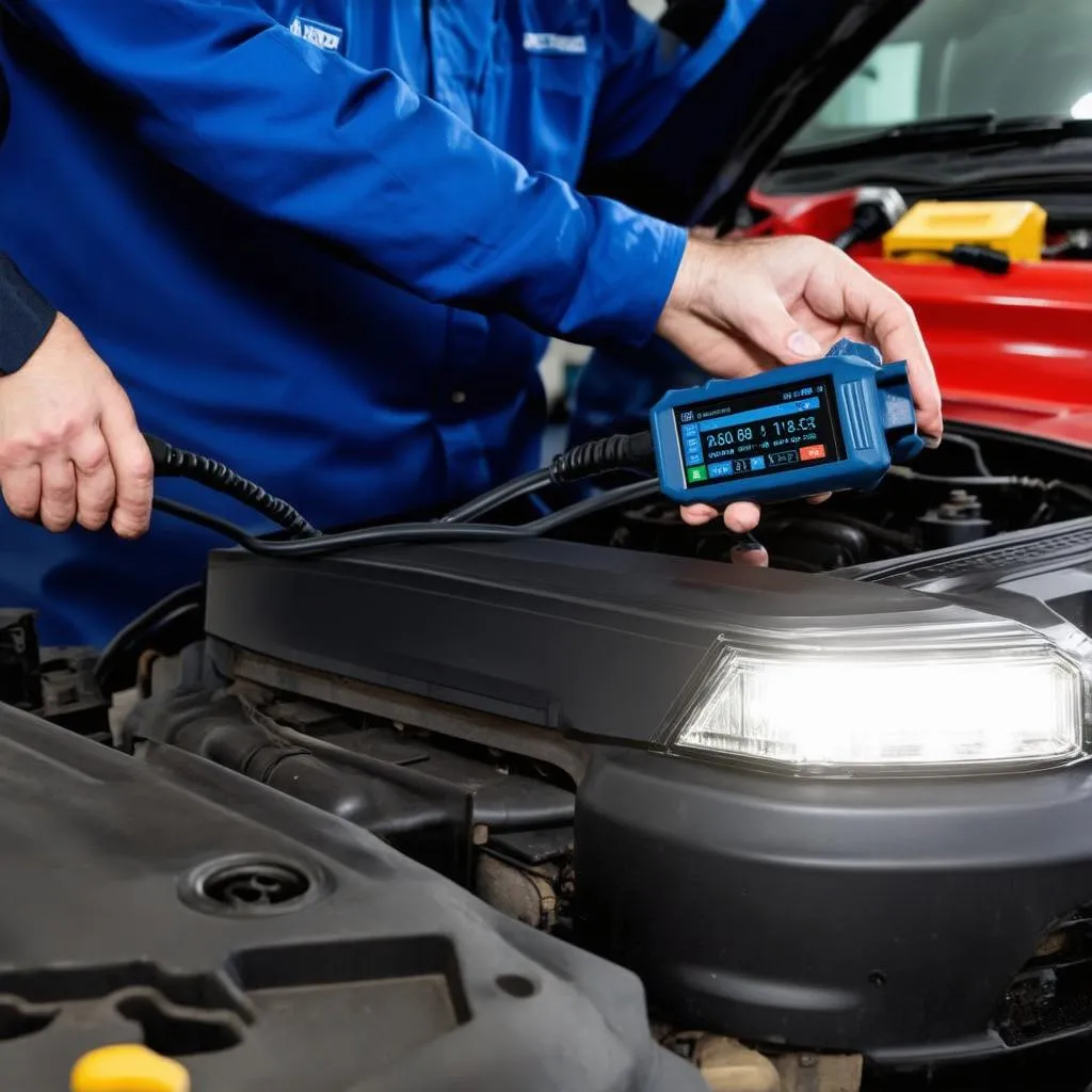 Mechanic using a bidirectional scan tool on a car