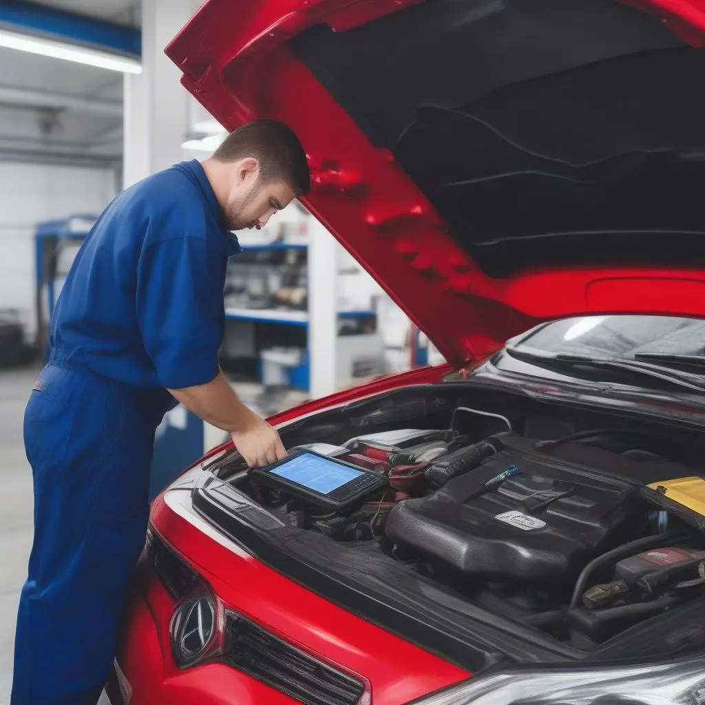 Mechanic using a bidirectional scan tool to diagnose a car problem