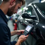 Mechanic using a bidirectional scan tool to diagnose a car problem