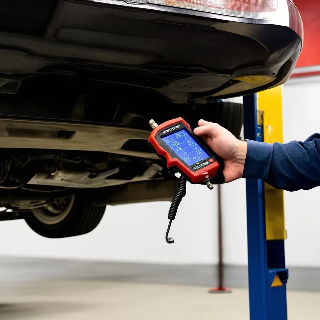 Mechanic using a bidirectional scan tool to test an oxygen sensor on a Toyota Camry.