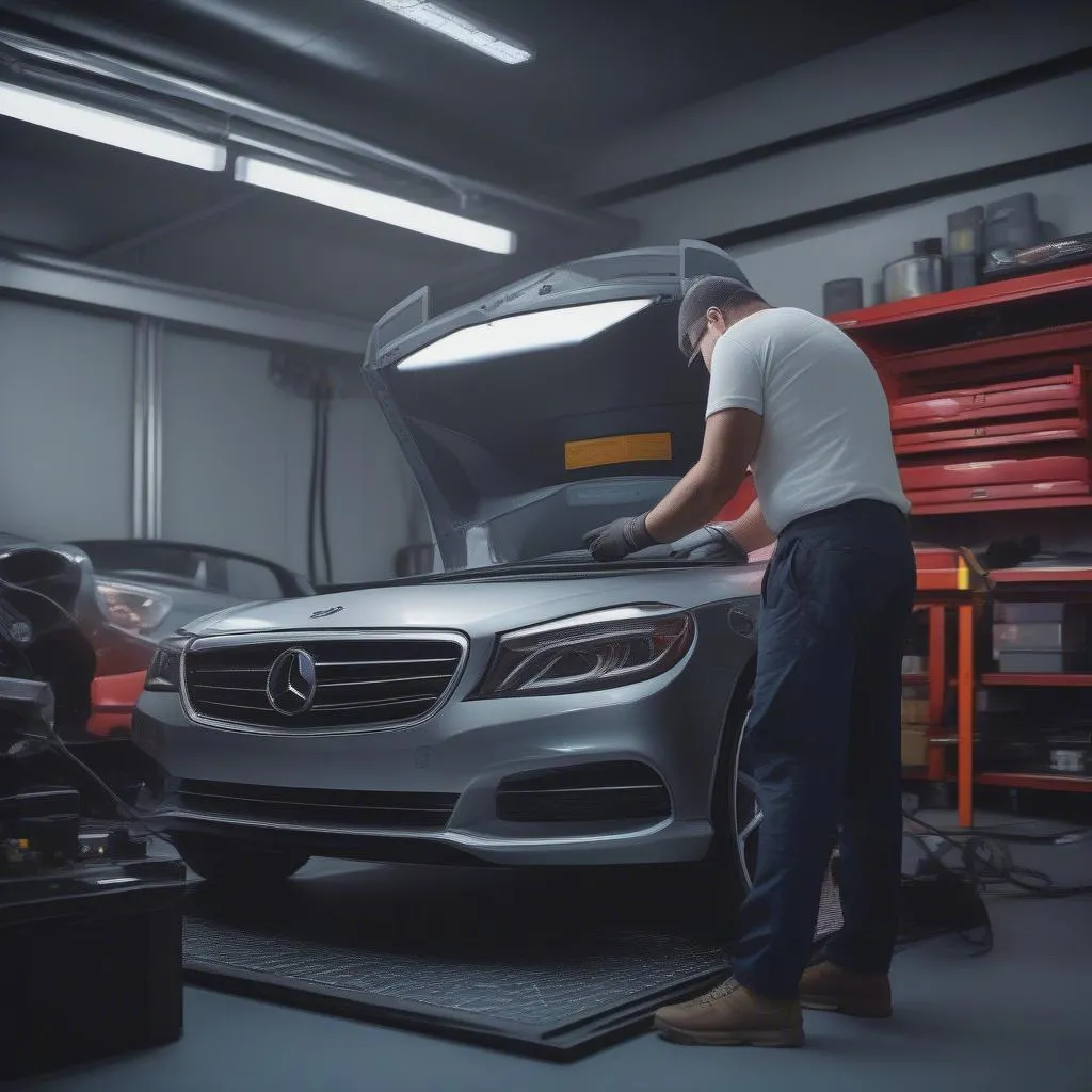 Mechanic using a bidirectional scanner on a car