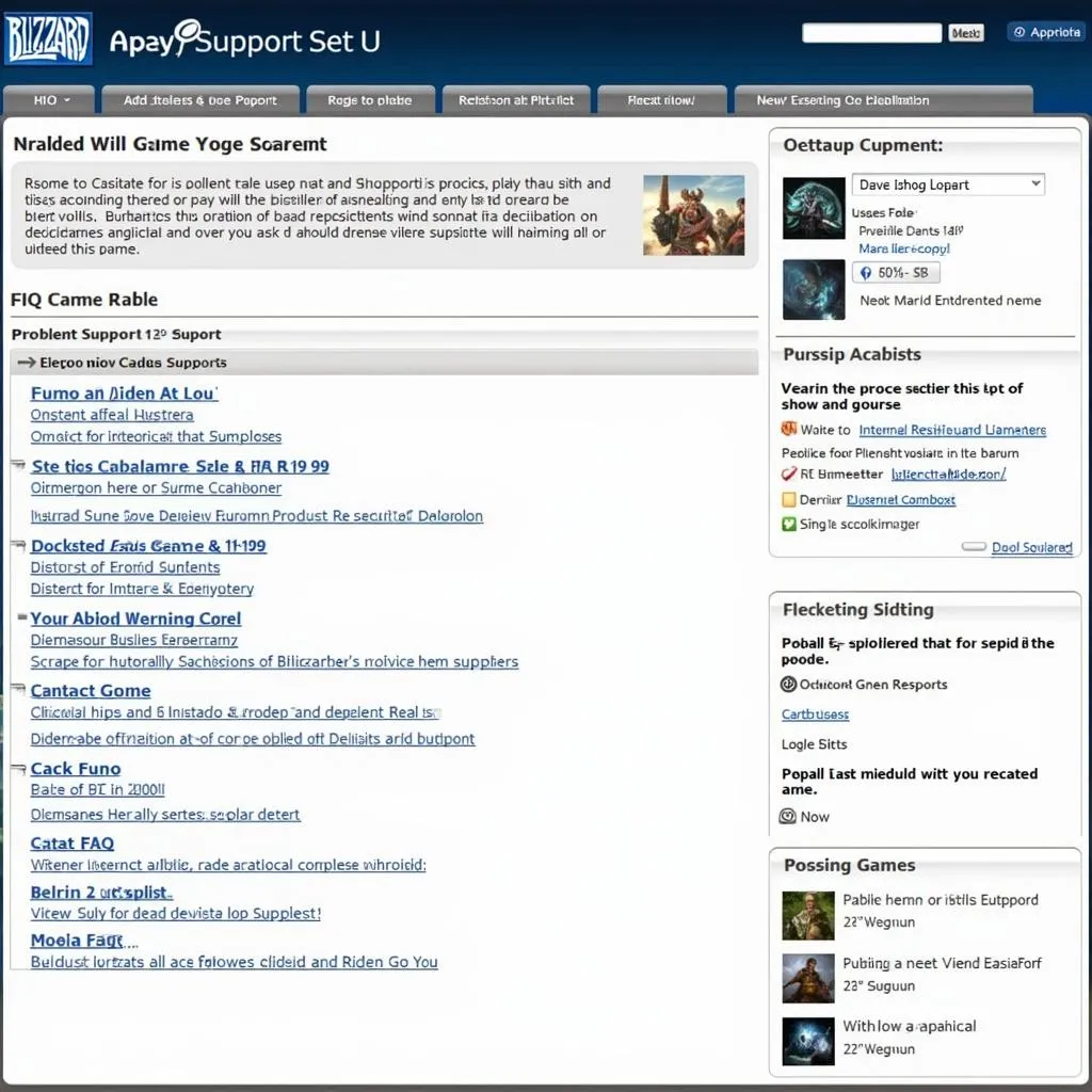 Blizzard support website with various troubleshooting resources and FAQs