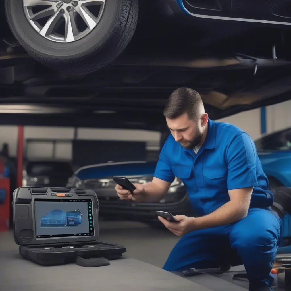 Mechanic connecting a blue car scan tool to a smartphone