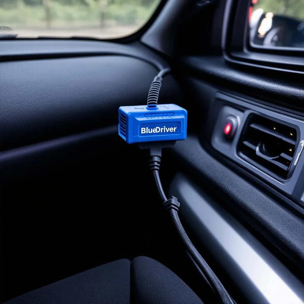 BlueDriver OBD2 scanner plugged into a car's OBD2 port