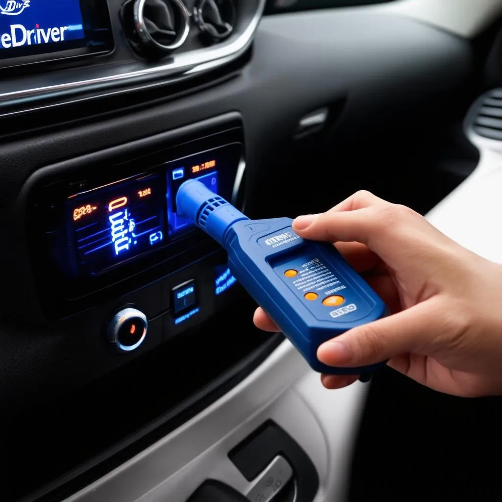 BlueDriver scan tool connected to car's OBDII port