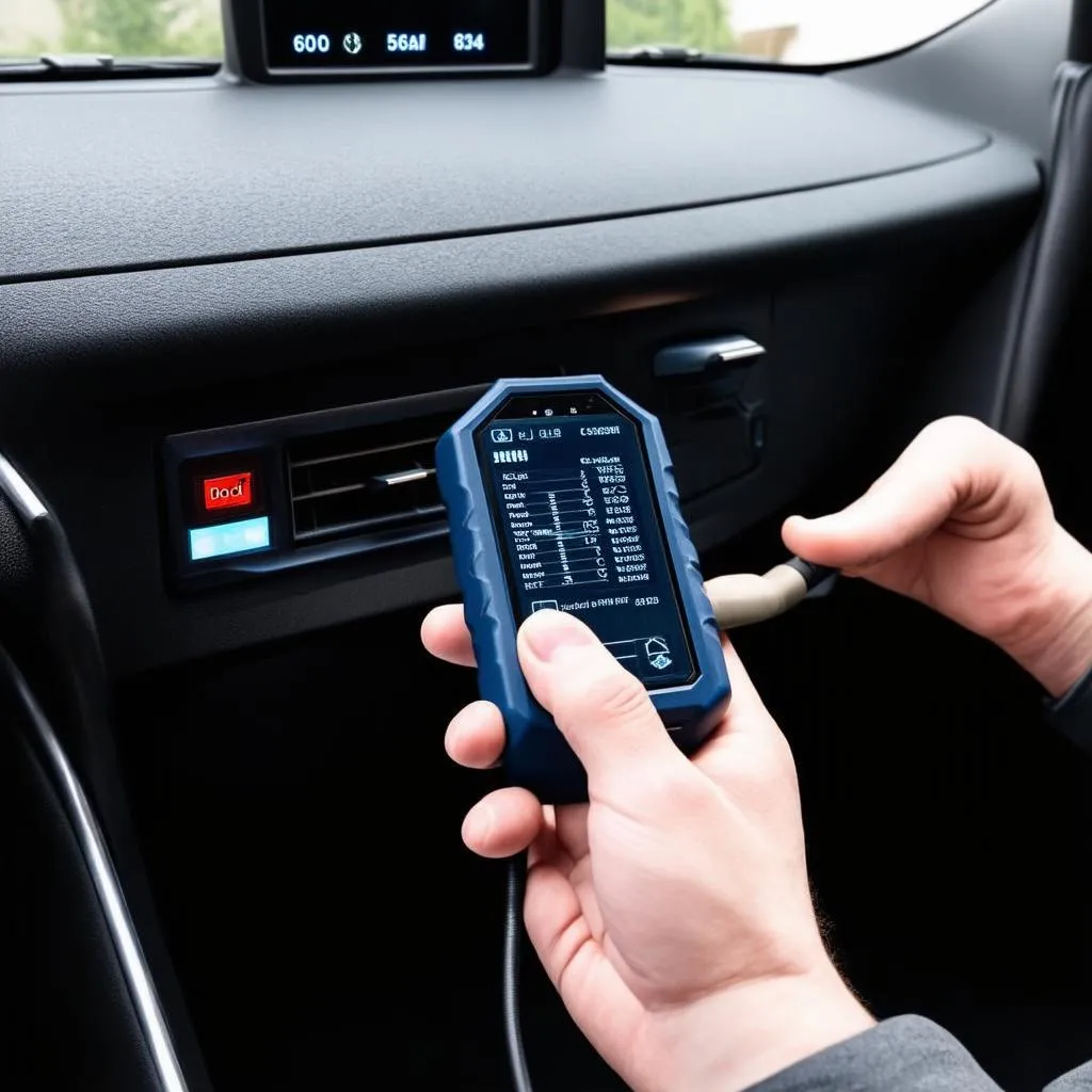 Bluetooth OBD2 scan tool connected to a car's OBD2 port