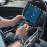 Mechanic using a bluetooth scan tool to diagnose a car