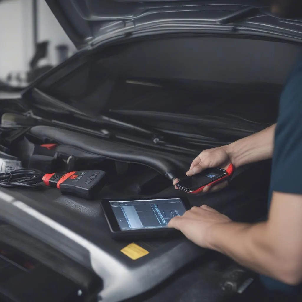 Mechanic using a bluetooth scan tool on a laptop to diagnose a car engine