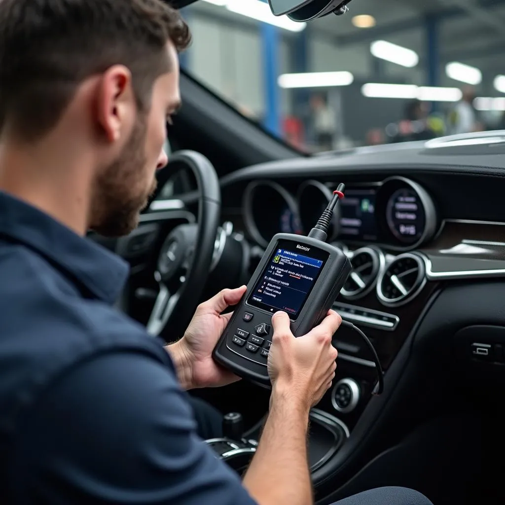 Mechanic using a bluetooth scan tool to read car diagnostic codes