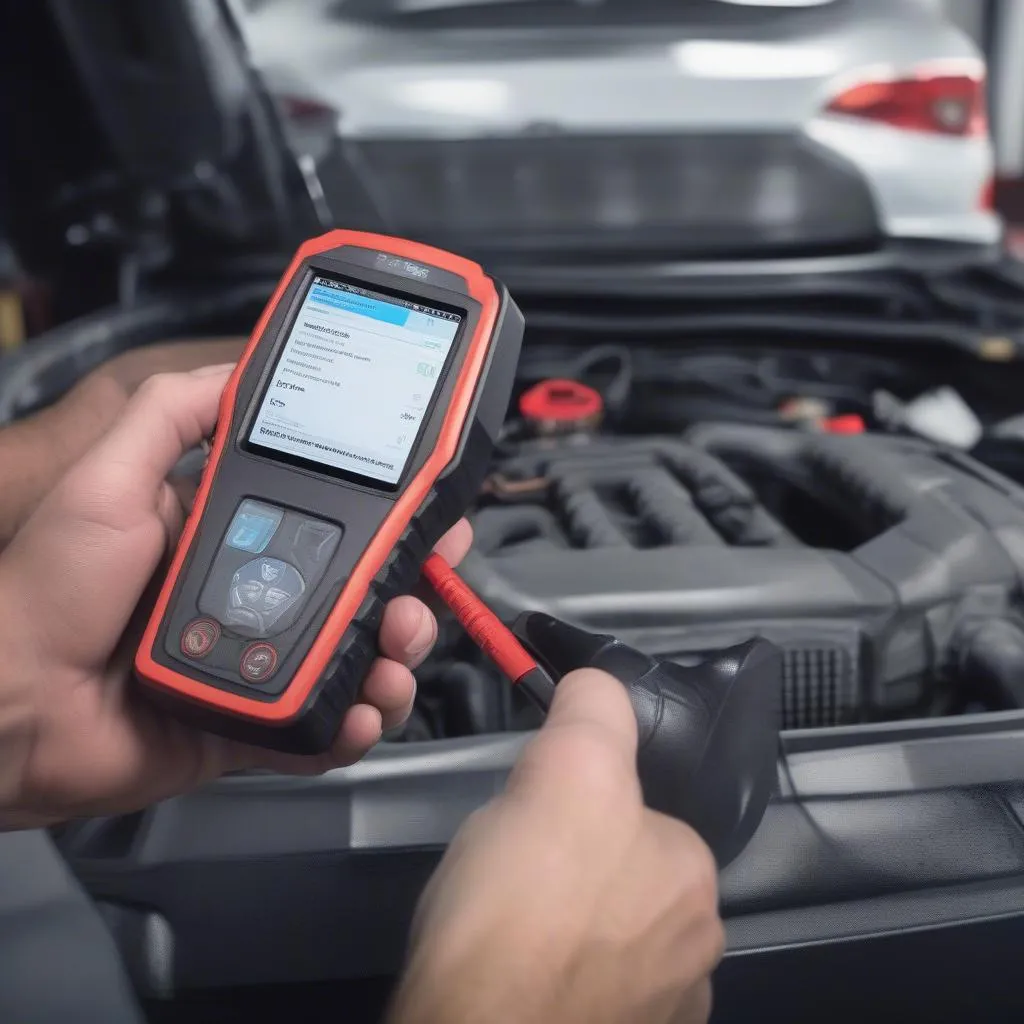 Professional mechanic using a bluetooth scan tool to diagnose a car