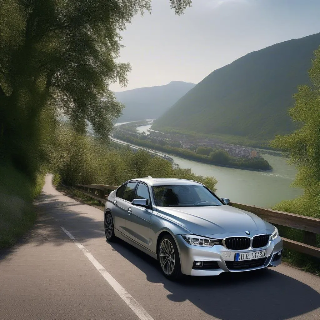 A BMW 3 Series parked on a picturesque road in Germany