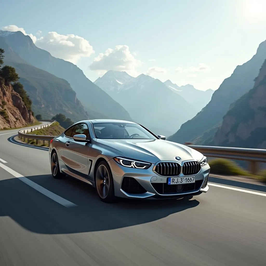 BMW car cruising on a scenic road