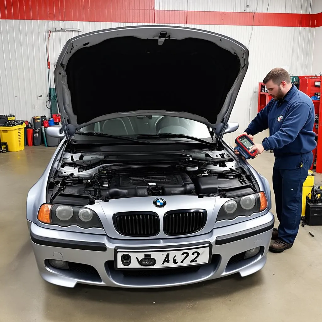 BMW E46 with a scan tool connected to the OBD-II port