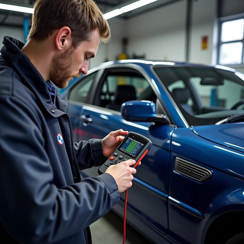 Mechanic using a scan tool to diagnose a BMW E46