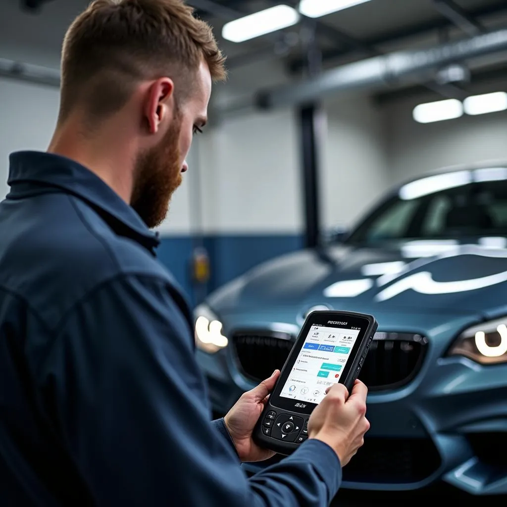 A mechanic using a BMW BT Scan Tool on a BMW in a workshop.