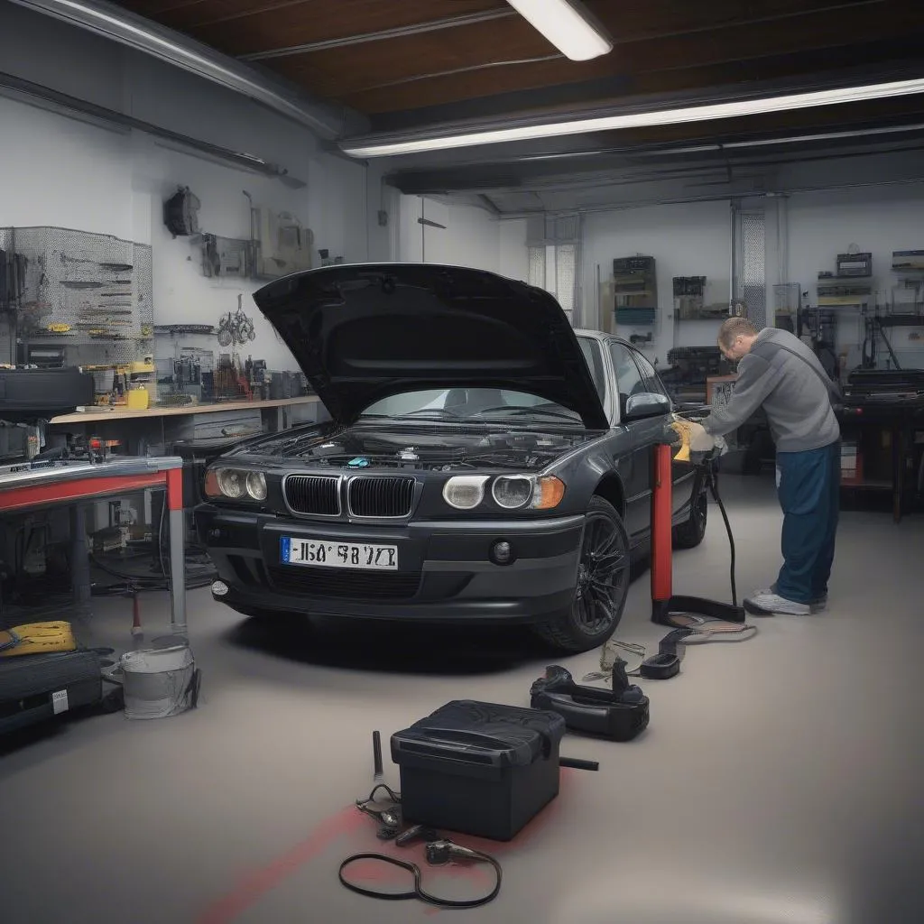 Mechanic using a diagnostic scanner on a BMW