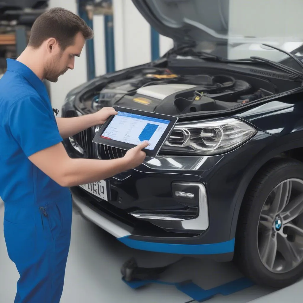 A Mechanic working on a BMW using a scan tool