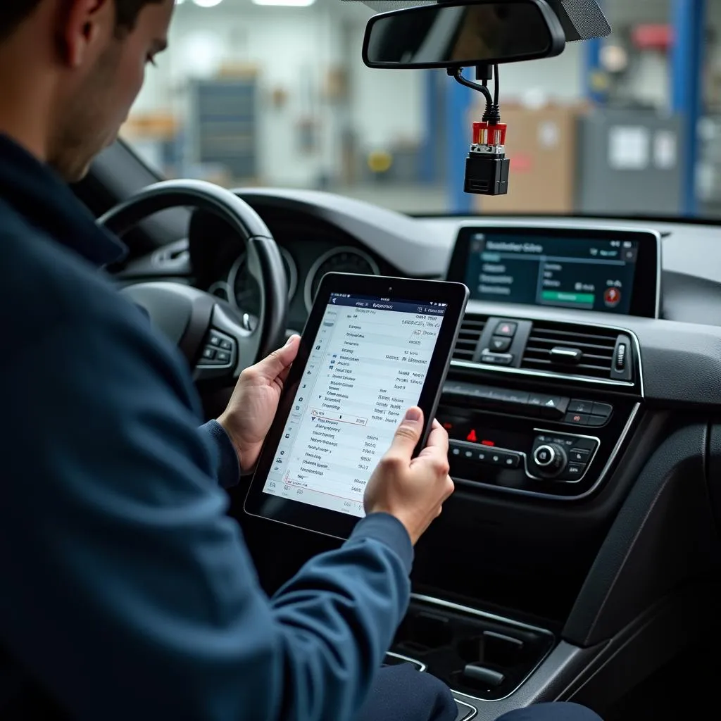 Mechanic using a bmw tablet diagnostic scan tool to diagnose a car issue