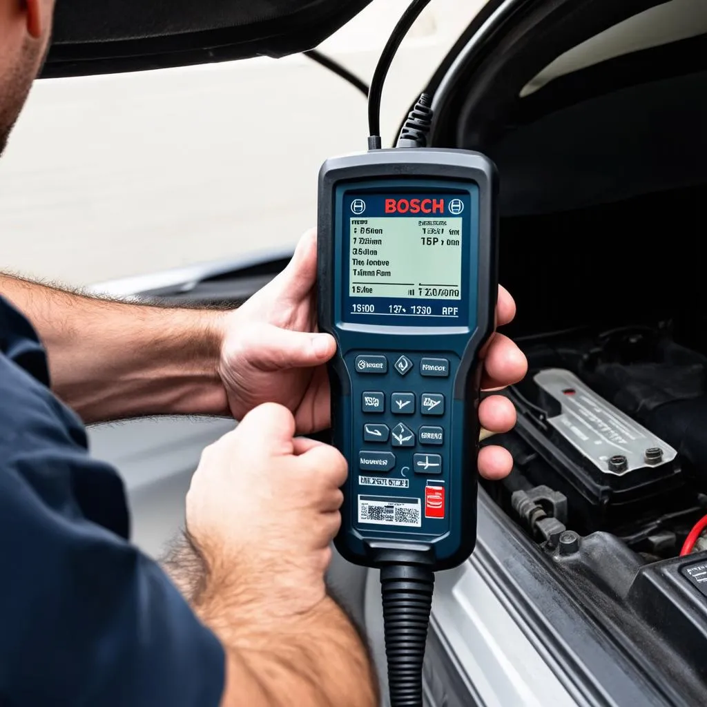 Bosch 1300 scan tool plugged into a car's OBD port, displaying diagnostic information on its screen.