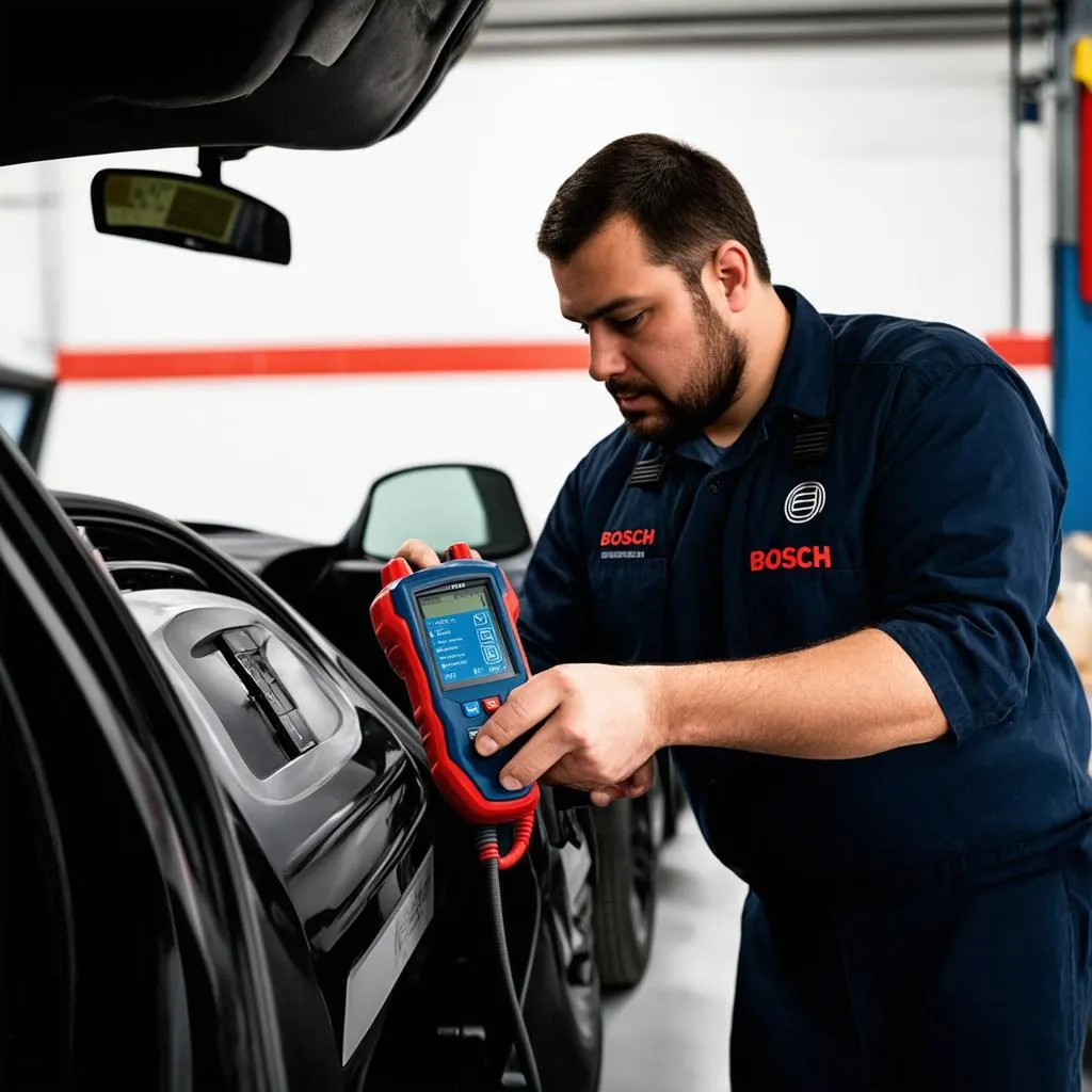 Mechanic using a Bosch scan tool on a car