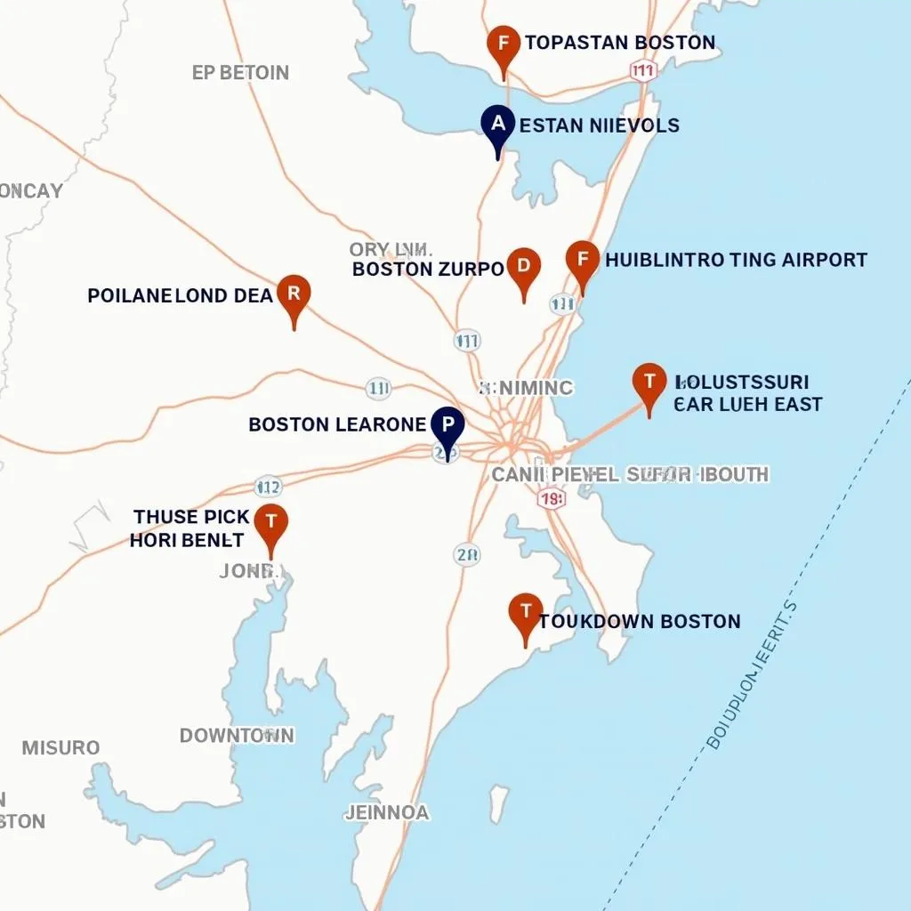 Map of Boston highlighting car rental locations