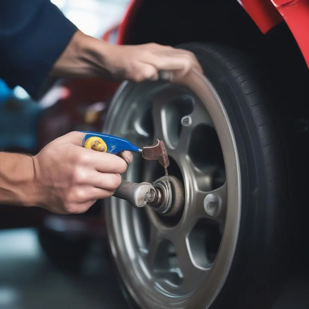 Close-up of brake bleeding