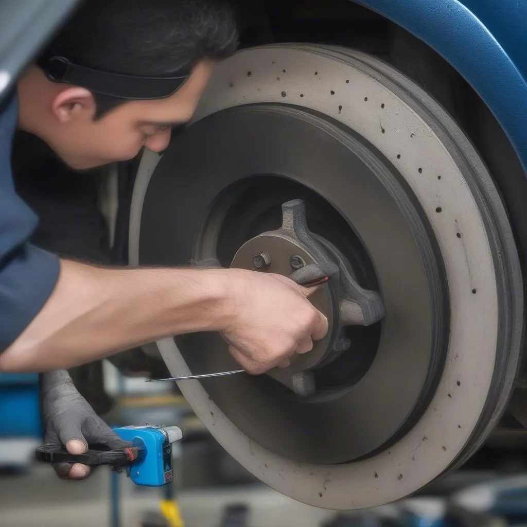 Mechanic inspecting brake pads and rotors for wear