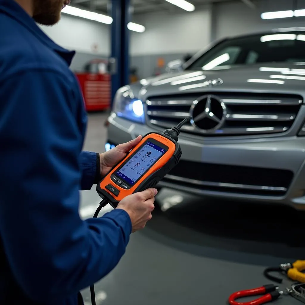 Mechanic connecting a Brother scan tool to a car's OBD-II port