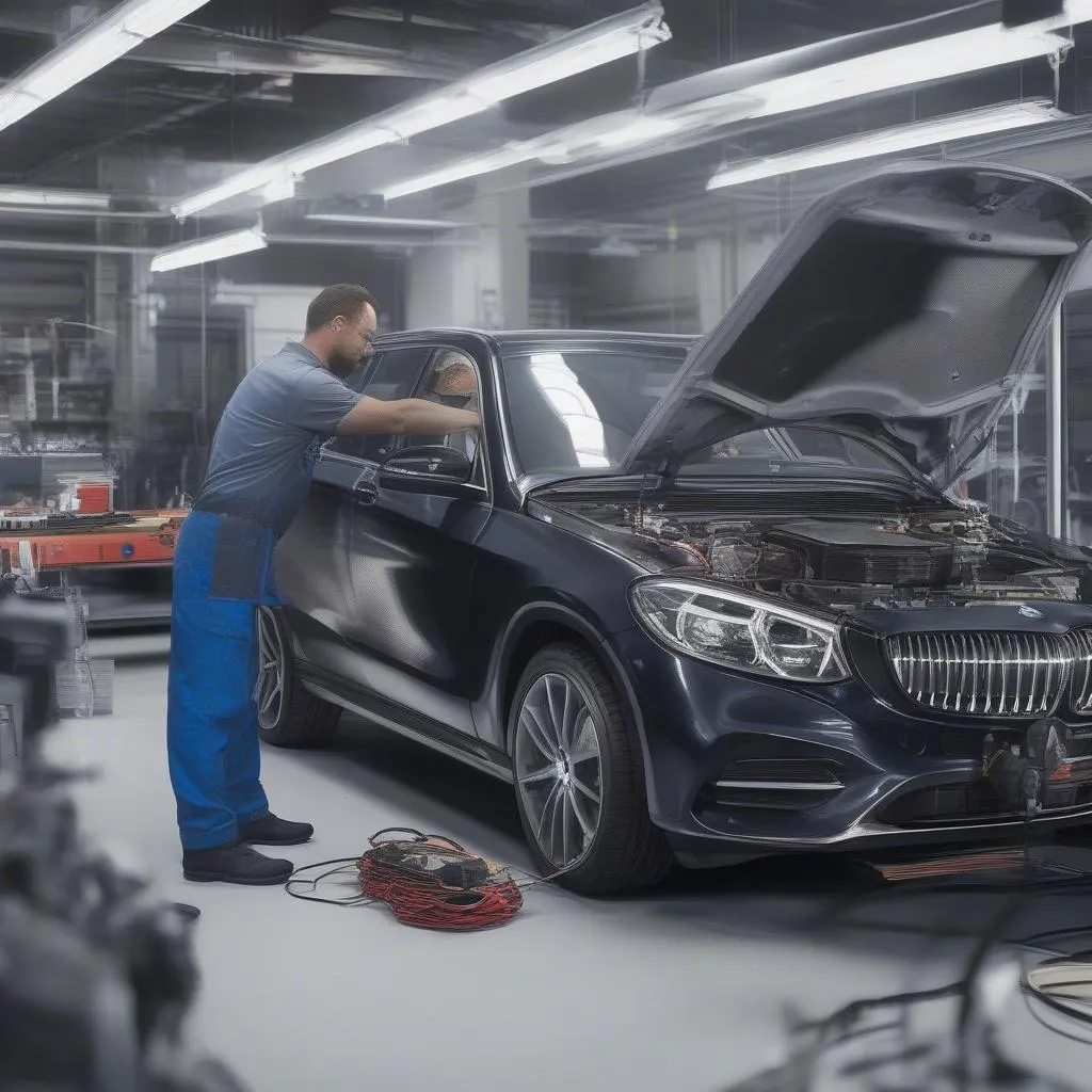 Auto Technician using a Brother Sewing Scan Tool on a BMW and Mercedes-Benz