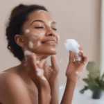 Woman using a bubble skin care cleanser on her face