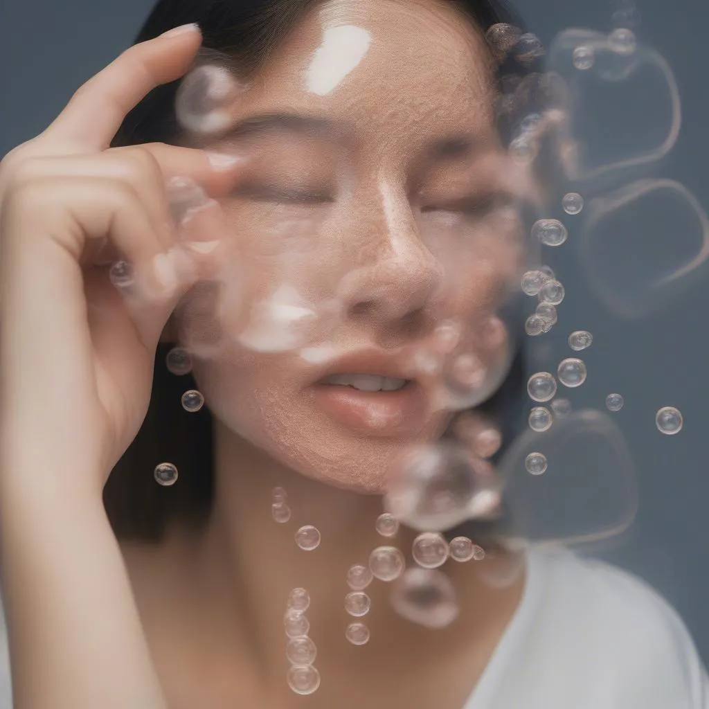 Close-up of a bubbly skin care mask on a woman's face