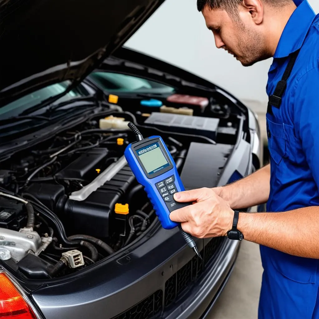 Mechanic using a budget-friendly bi-directional scan tool on a car's OBD-II port