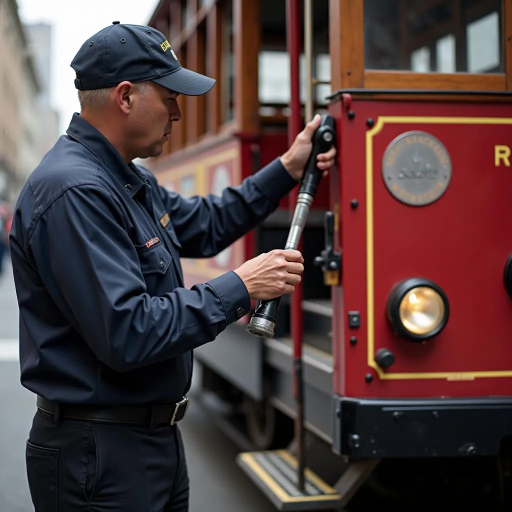 Cable car gripman operating the turnaround mechanism