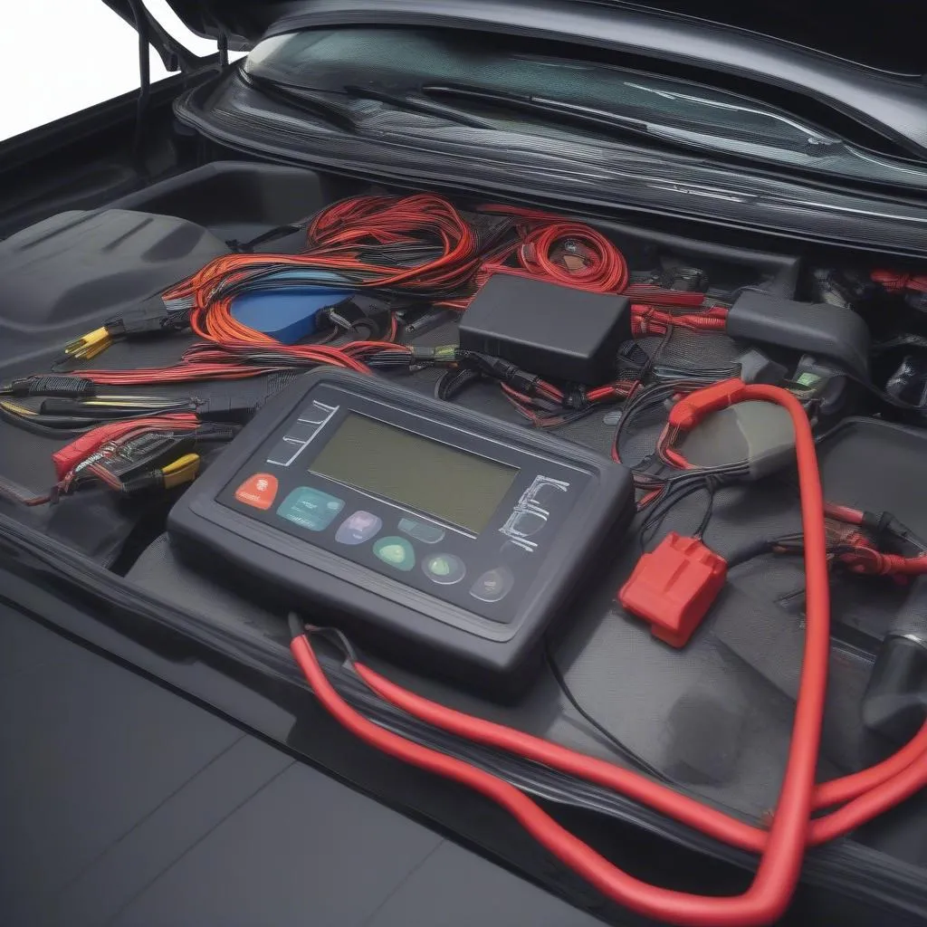 A close-up of a diagnostic scanner connected to a European car