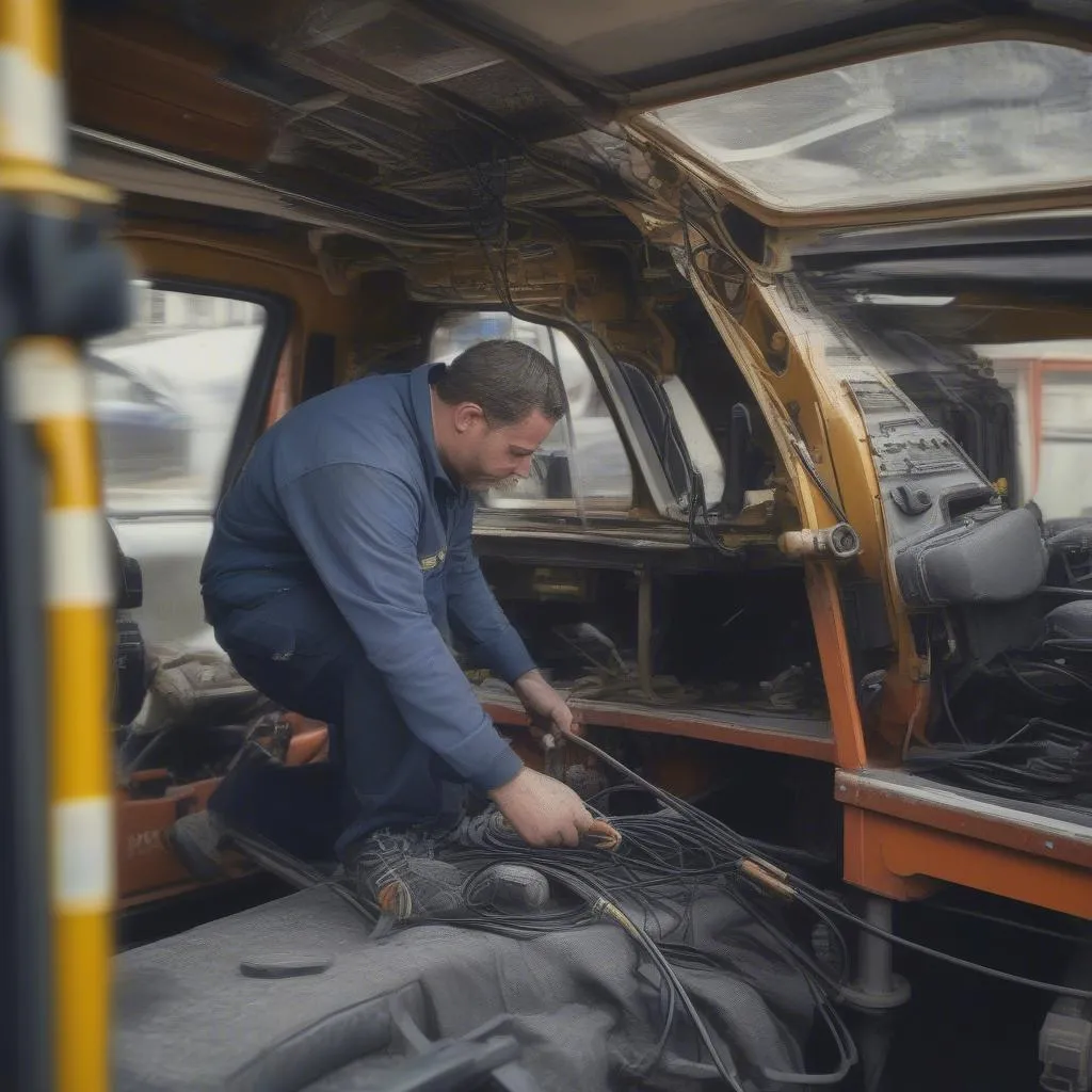 A mechanic working on repairing damaged cable car lines in a European car