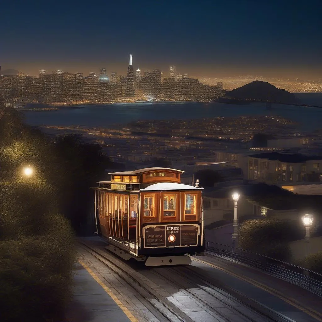 San Francisco cable car illuminated against the backdrop of the city's iconic skyline