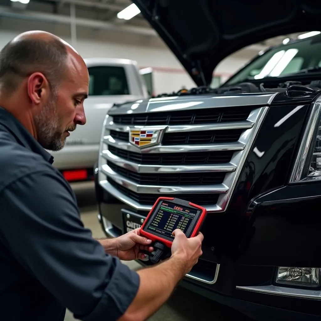 Mechanic using Cadillac i900 to diagnose engine issues on a Cadillac Escalade