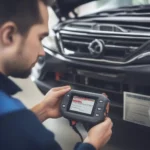 A mechanic using a CAN OBD II Diagnostic Scan Tool