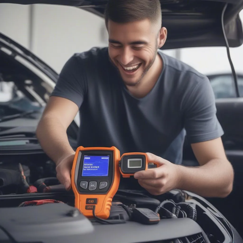 Car owner using a CAN OBD II Diagnostic Scan Tool