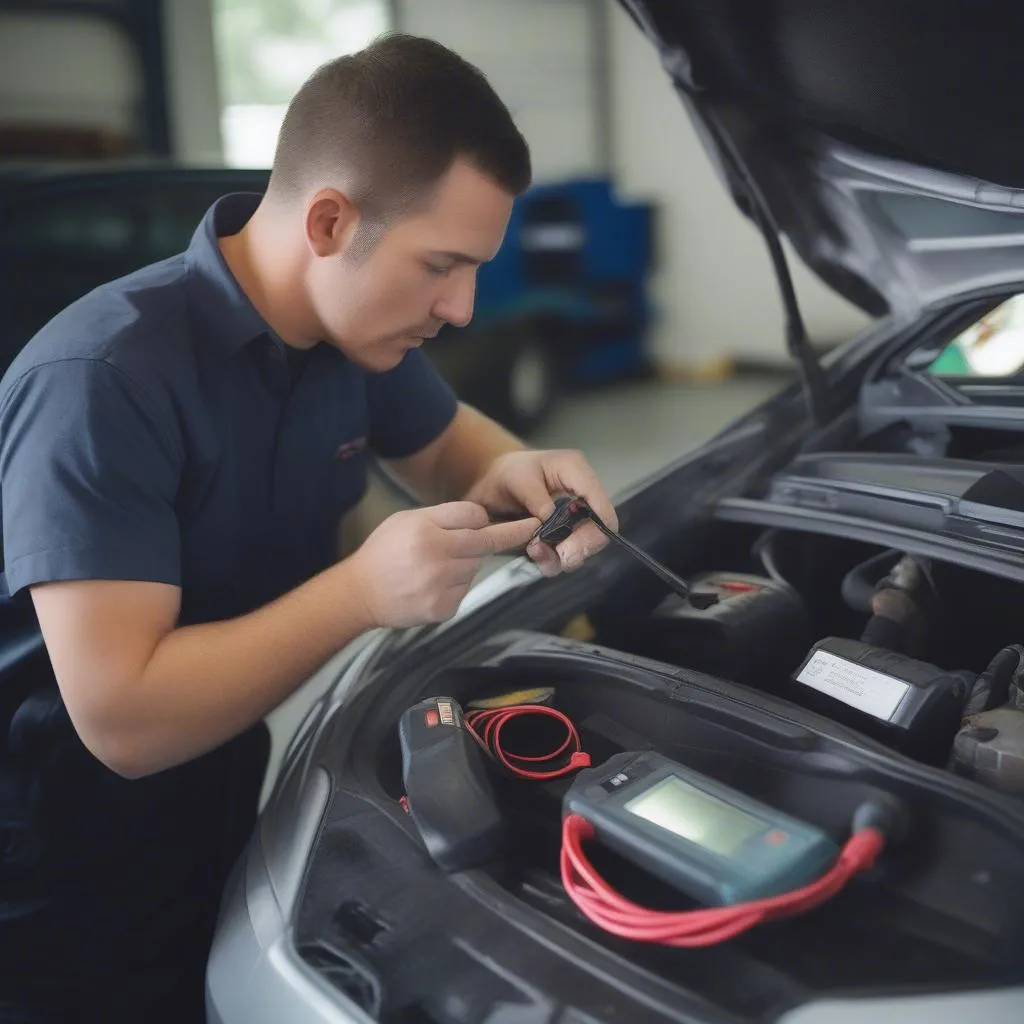 A mechanic using a CAN OBD scan tool to diagnose a car problem.