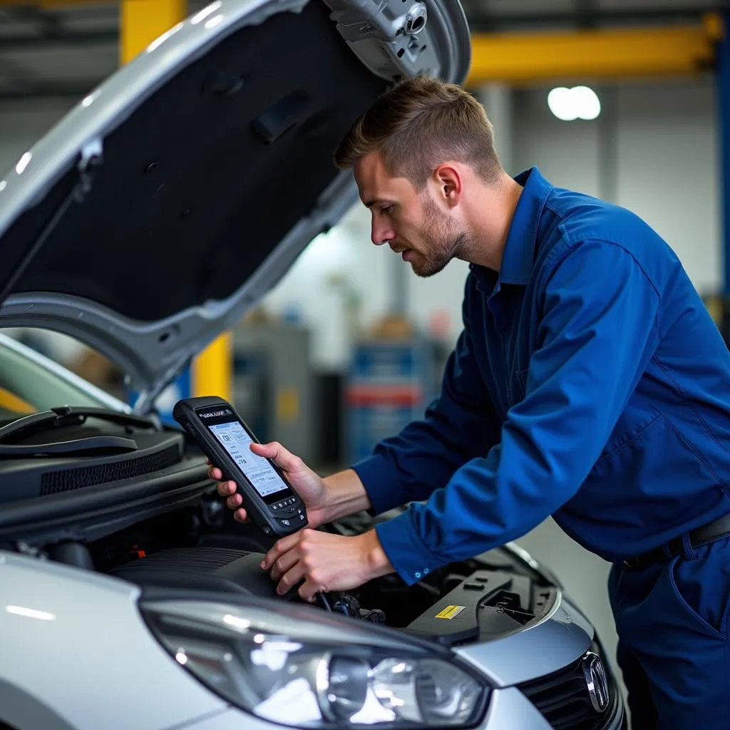 Mechanic using a Canon scan tool to diagnose a car engine