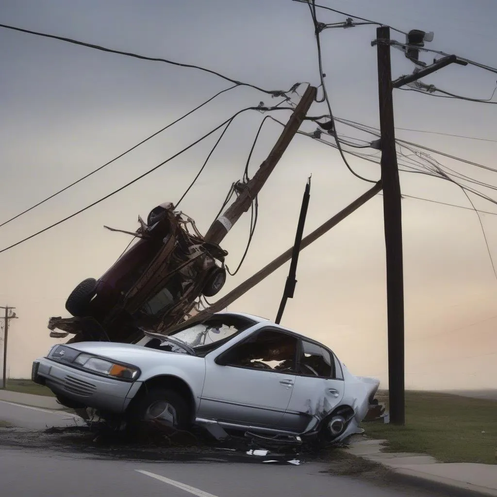 Car accident causing damage to an electric pole