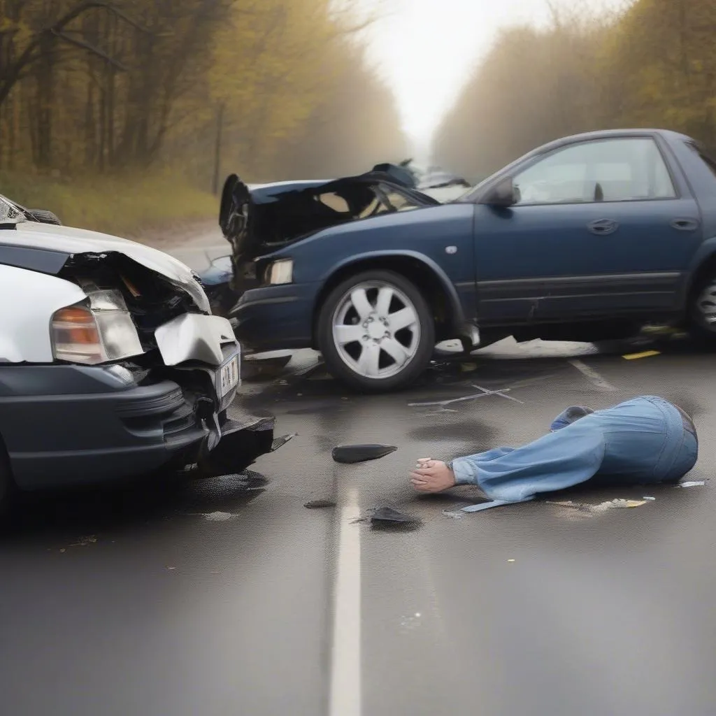 Car accident scene with damage to vehicles