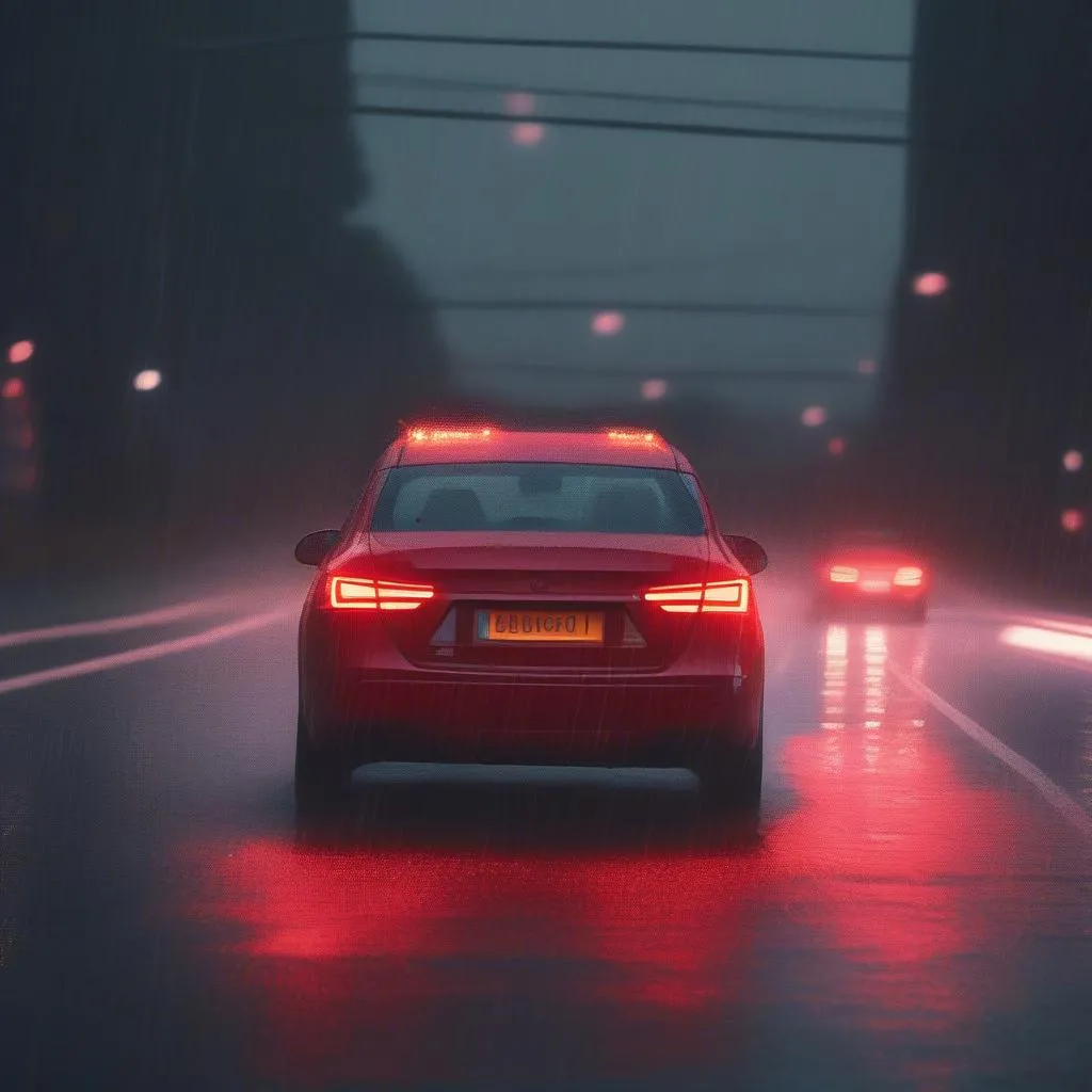 Car braking safely on wet road