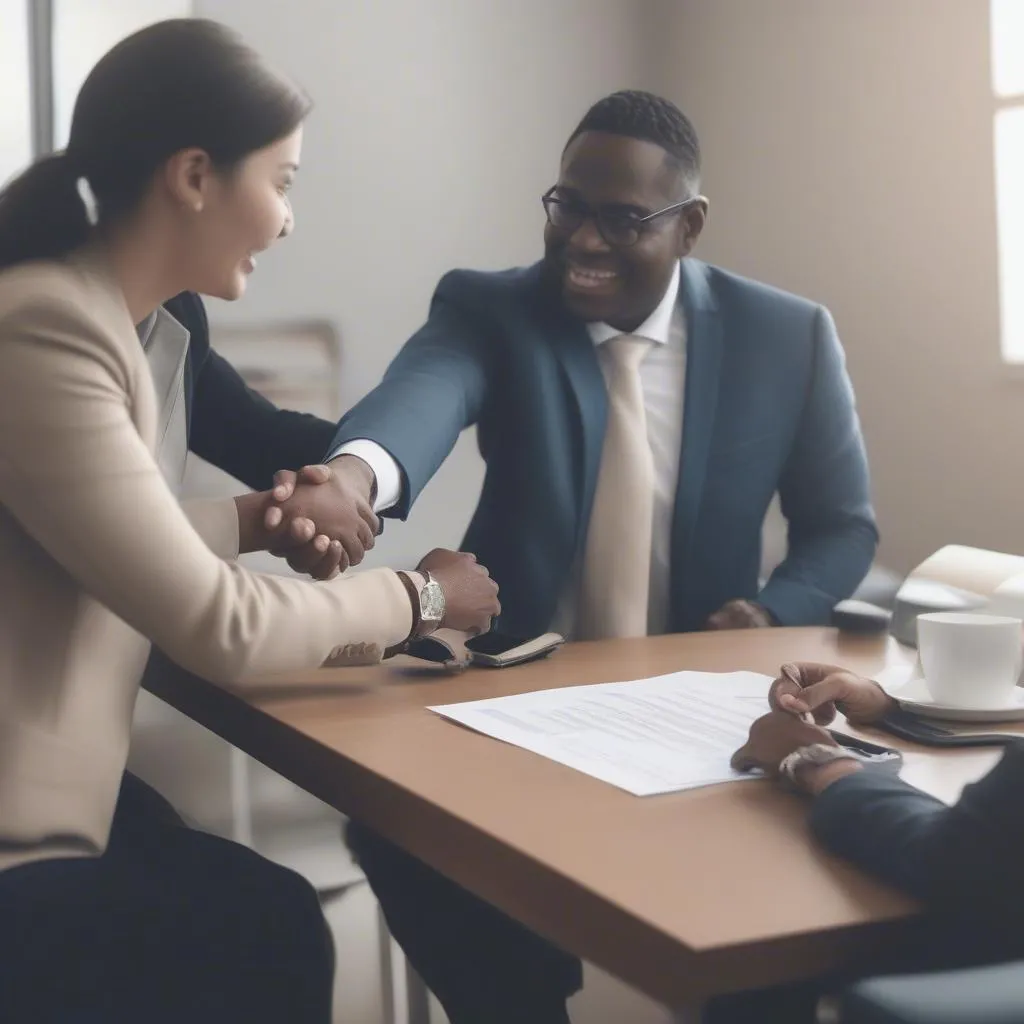 A buyer and seller shaking hands after signing a car bill of sale